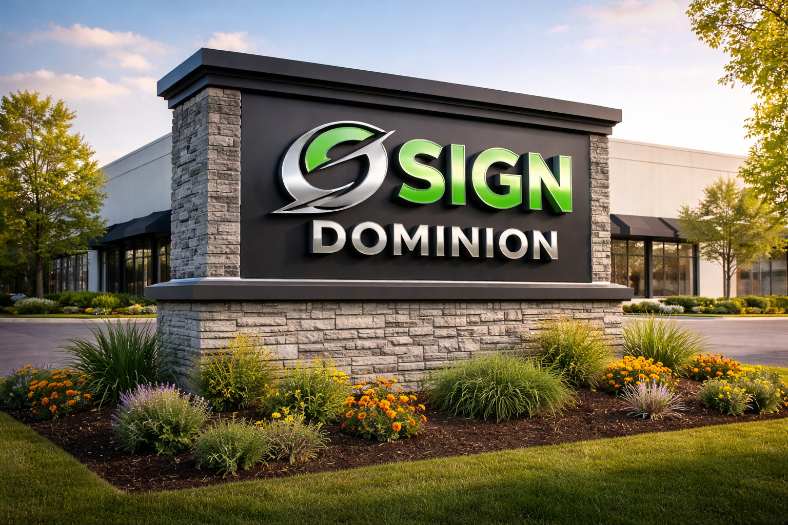 Monument sign outside a business entrance