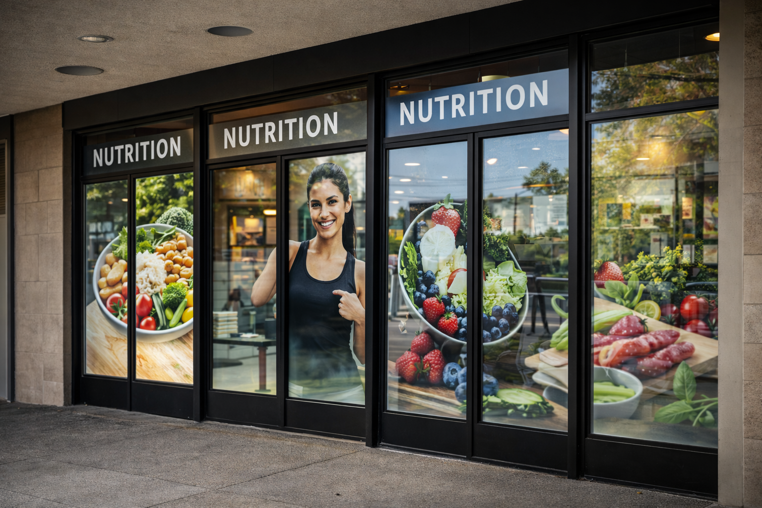 Storefront windows with printed graphics
